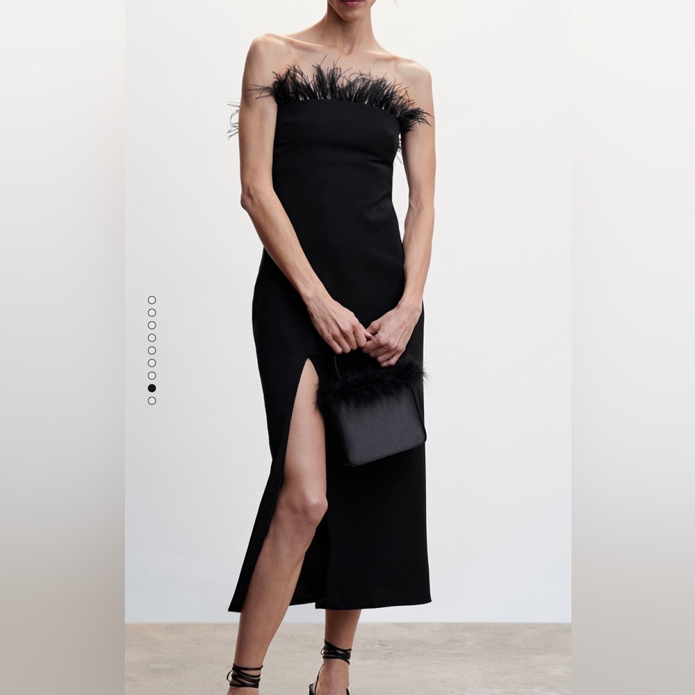 NWT Black strapless feather-detail trimmed cocktail dress